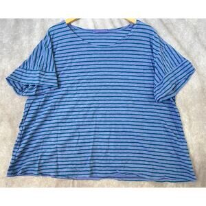 Cut Loose Made in USA Blue Teal Stripe Cotton Linen Lagenlook Boxy Tee Shirt XL